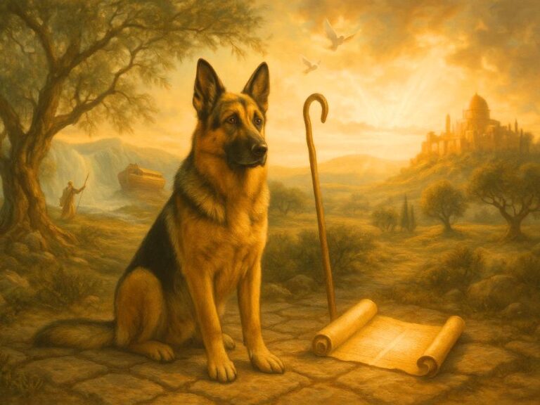 German Shepherd beside an open Bible with stained-glass light and Christian symbols in the background.