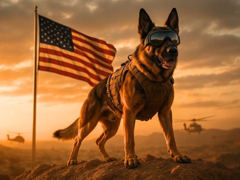German Shepherd wearing military K9 gear standing on a hilltop at sunrise with an American flag in the background, looking alert and strong, symbolizing bravery and service