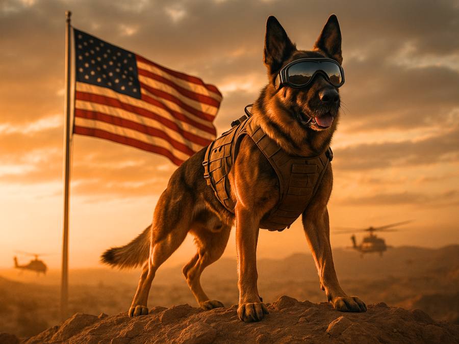 German Shepherd wearing military K9 gear standing on a hilltop at sunrise with an American flag in the background, looking alert and strong, symbolizing bravery and service