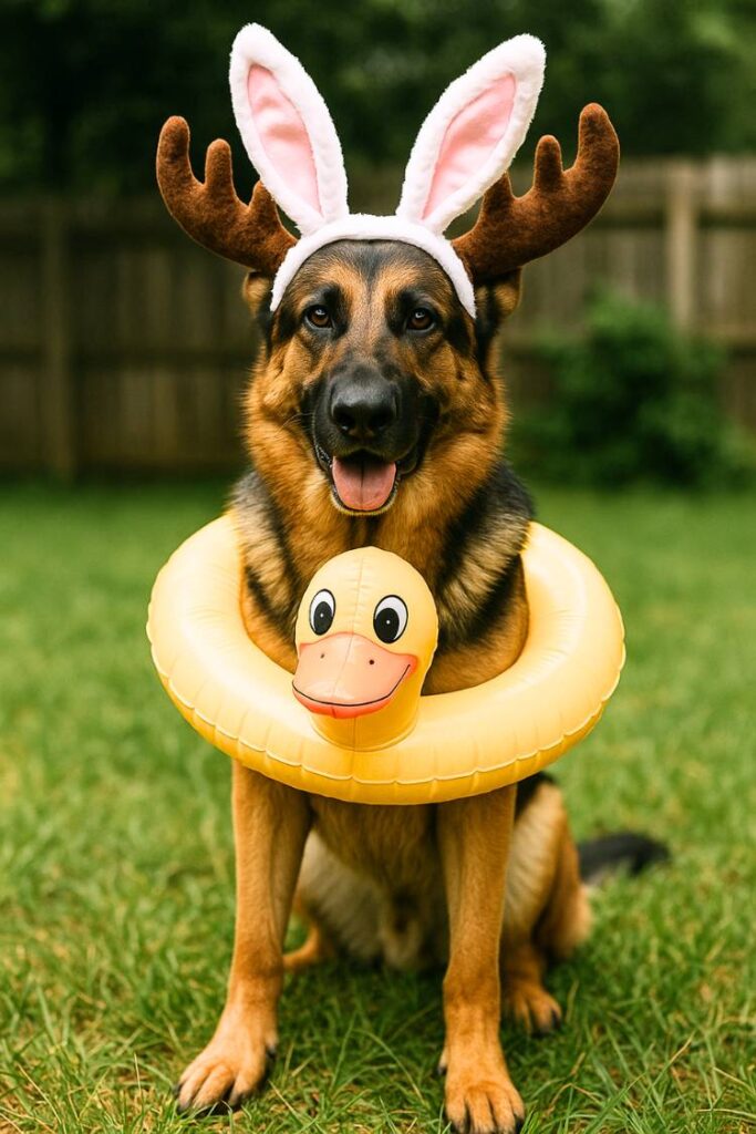 German Shepherd in costume accessories like bunny ears, moose antlers, and a duck floaty in a grassy yard.