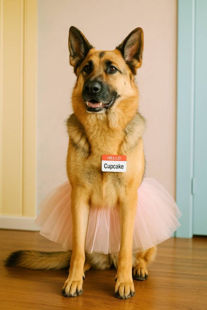 Large German Shepherd wearing a pink tutu and a name tag that says “Cupcake,” standing proudly in a pastel room.