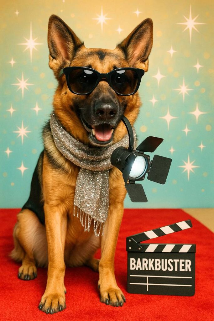 German Shepherd dressed in pop culture outfits posing on a red carpet with sunglasses and a movie clapperboard.