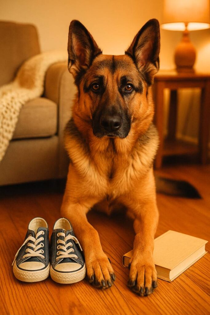 A German Shepherd lounges indoors beside a pair of sneakers and a book, like a true family companion.