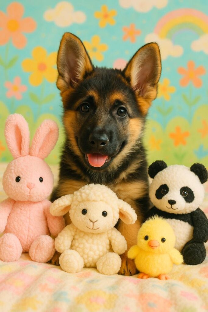 Playtime with plush animal friends! This cheerful German Shepherd pup is surrounded by cuddly cuteness.