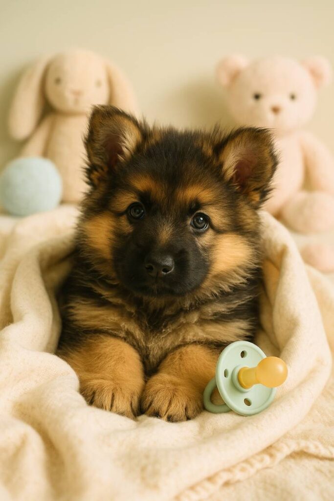 A fluffy GSD puppy is wrapped in a baby blanket with plush toys nearby, looking snug and sleepy.