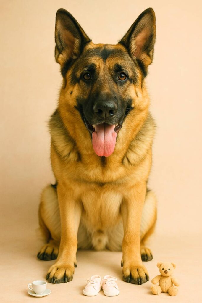 A large German Shepherd lies beside tiny shoes and a teacup, playfully contrasting their big size with small things.