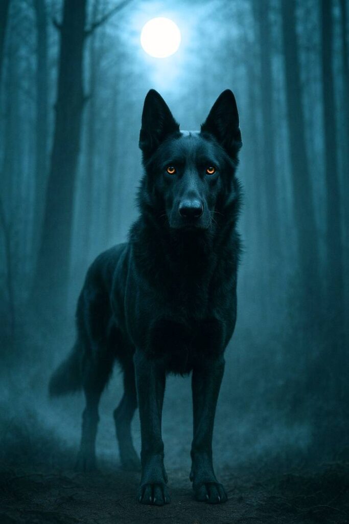 Mysterious black German Shepherd in a shadowy forest with moonlight filtering through the fog.