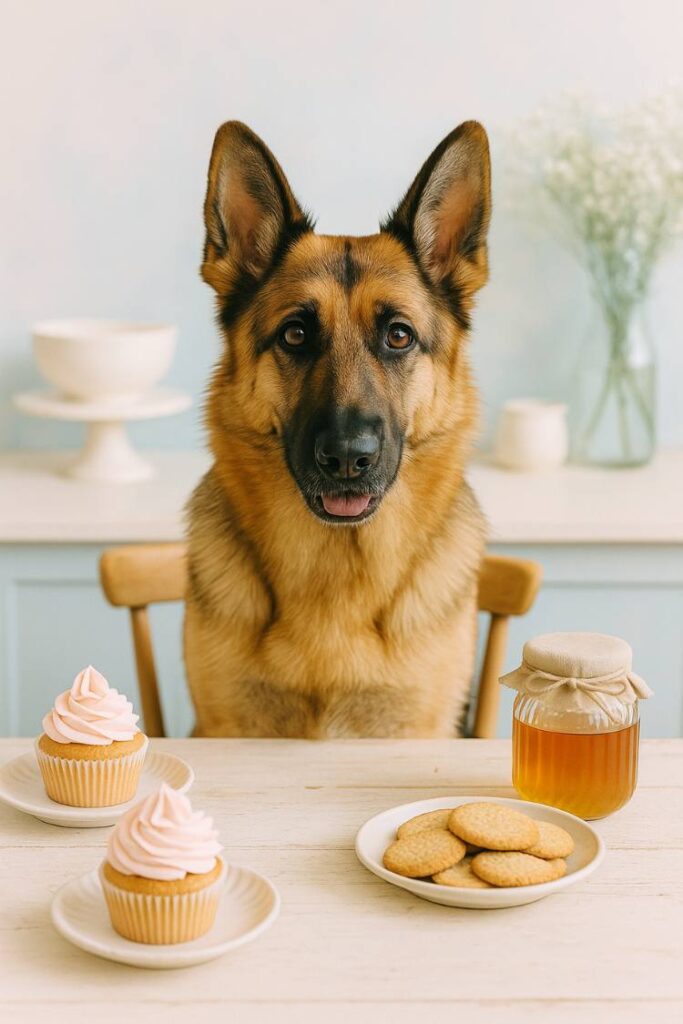 This lovable pup sits beside a table of sweet dessert vibes—cupcakes, cookies, and a honey jar (but paws off the treats!).