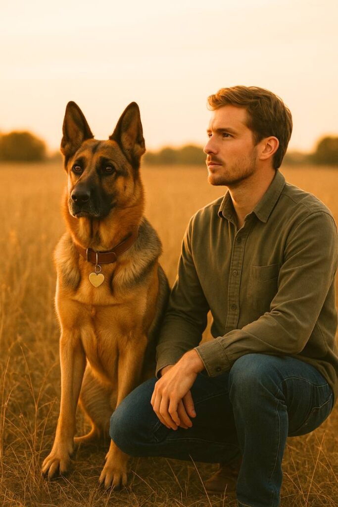 A German Shepherd sits beside its owner in a sunlit meadow, both looking ahead with calm expressions. The moment captures trust and companionship.