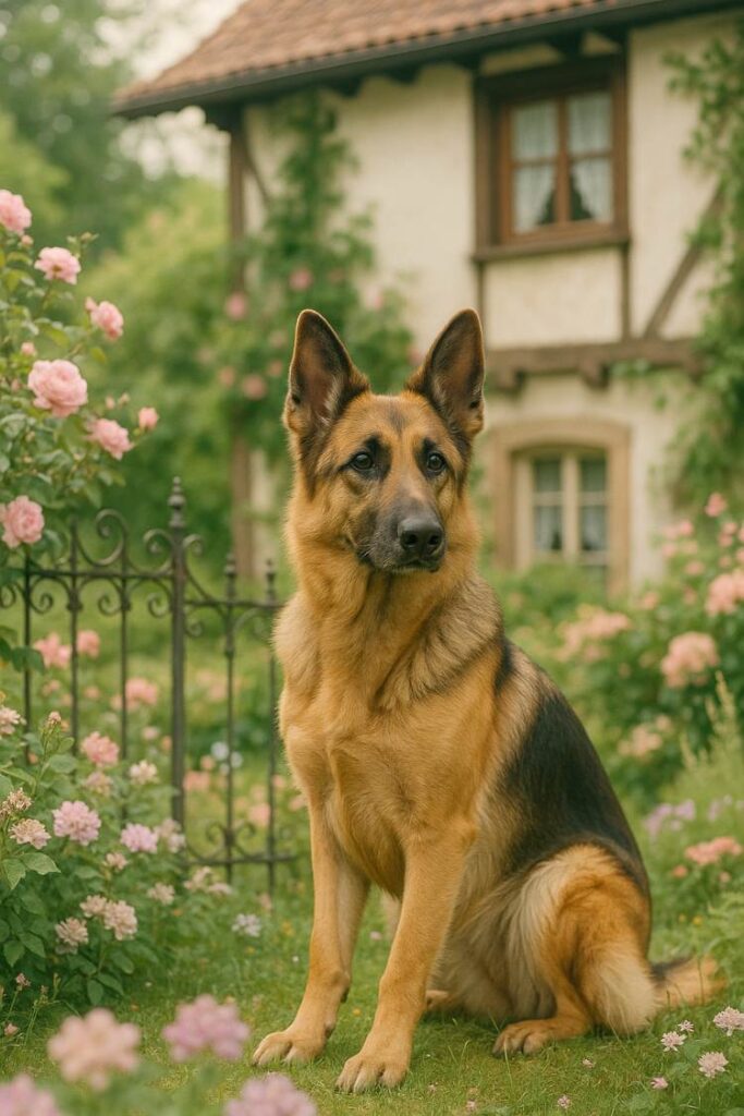 An elegant German Shepherd sitting in a blooming garden with a German manor in the background.