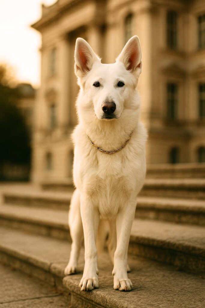 White German Shepherd sitting gracefully on stone steps in front of a grand palace