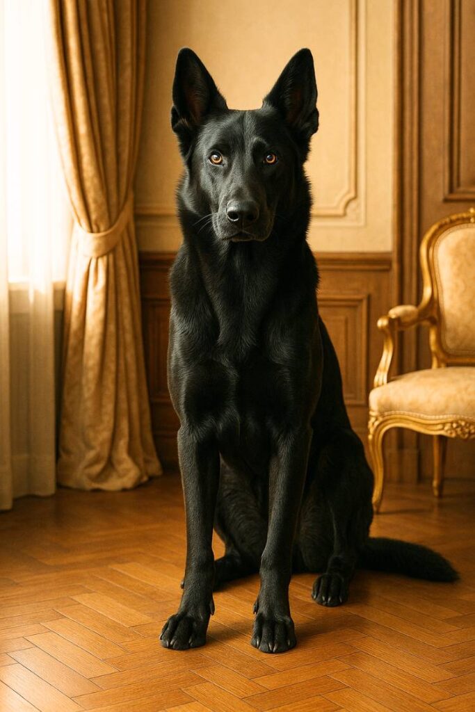 Elegant black German Shepherd sitting in a refined room with soft lighting and velvet drapes.