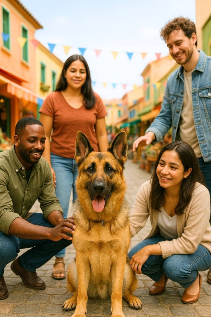 A German Shepherd sits calmly in a colorful village square surrounded by people of various cultures. The scene reflects connection, loyalty, and warmth.