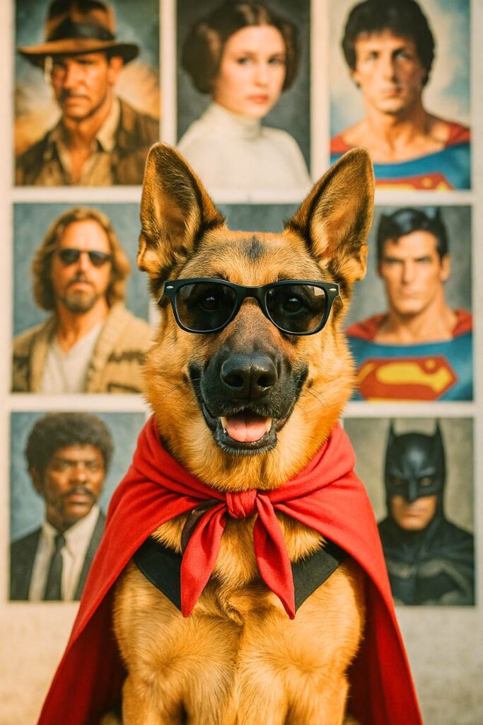 German Shepherd in sunglasses and a cape sitting in front of character portraits
