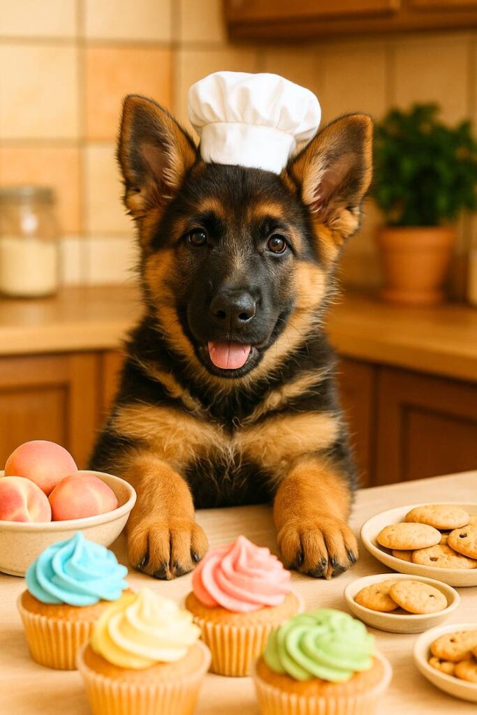 A playful German Shepherd puppy in a mini chef hat sits next to cupcakes and peaches on a cozy kitchen table.