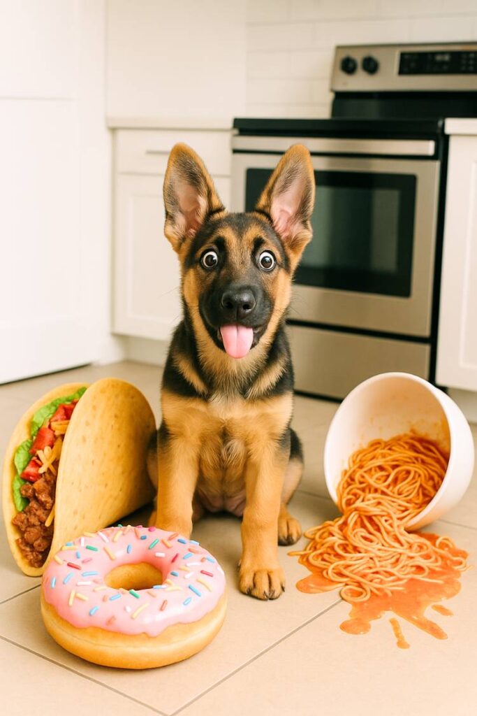 Silly German Shepherd puppy sitting in a kitchen surrounded by oversized food items like a taco, donut, and spaghetti bowl.