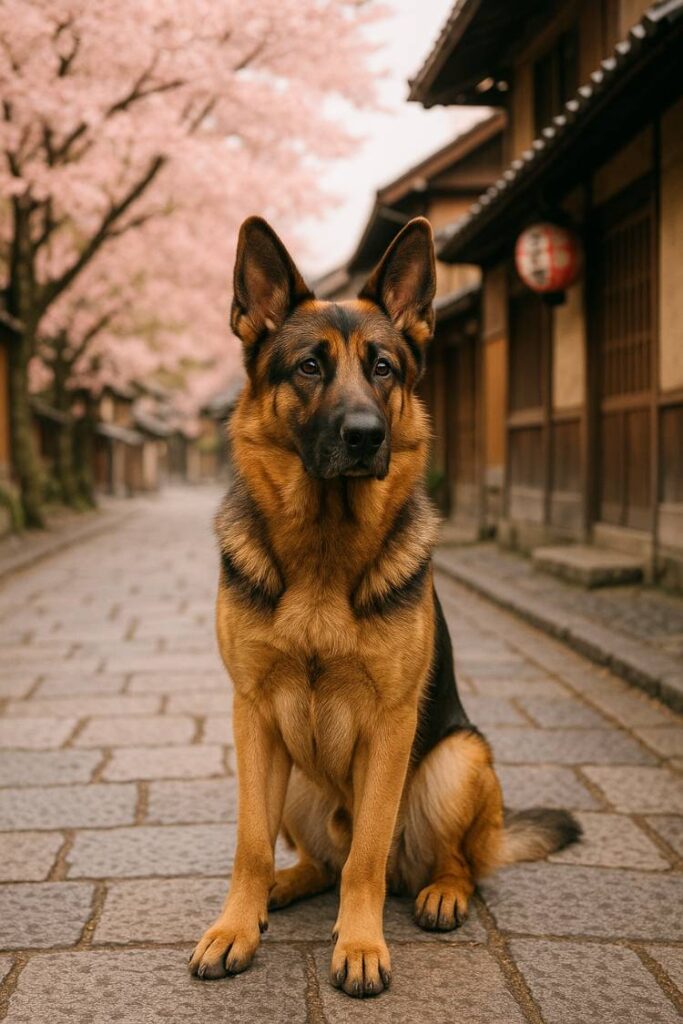 A regal-looking German Shepherd sits on a cobblestone street with subtle cherry blossoms in the background.