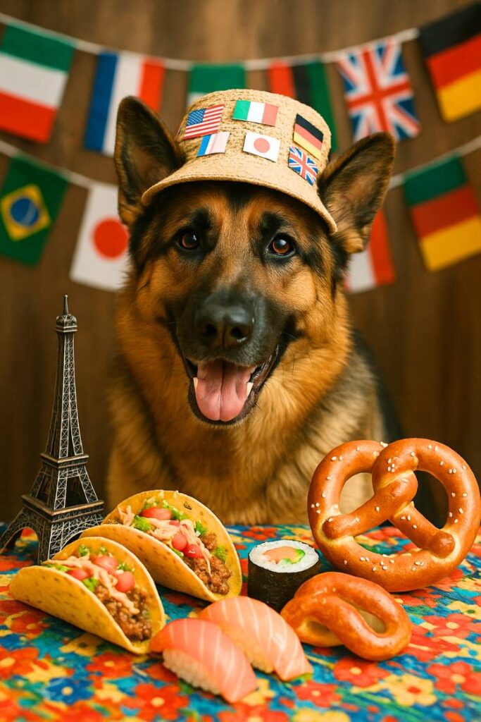 German Shepherd surrounded by international props like tacos, sushi, mini Eiffel Tower, and German pretzels.