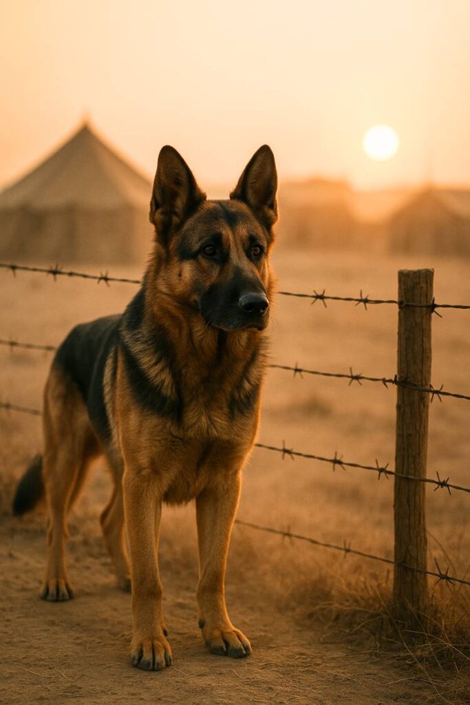 On watch near a dusty military base, this German Shepherd stays alert—just like those who stood guard in history’s toughest battles.