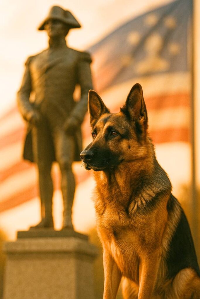 A noble pose in front of a military memorial—this dog honors the greats who led with strength and vision.