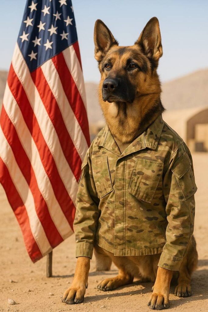 At attention beside the flag, this GSD wears honor like a uniform—showing off their rank-worthy confidence and discipline.