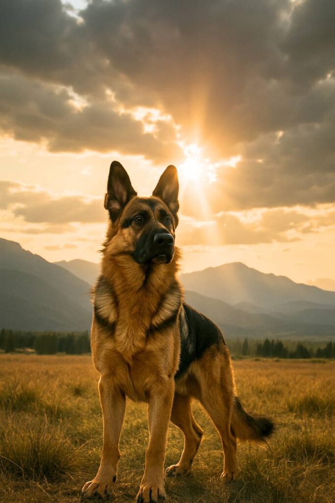 photo of a strong-looking German Shepherd in a peaceful mountain landscape, bathed in golden sunlight, representing inner strength and bravery.