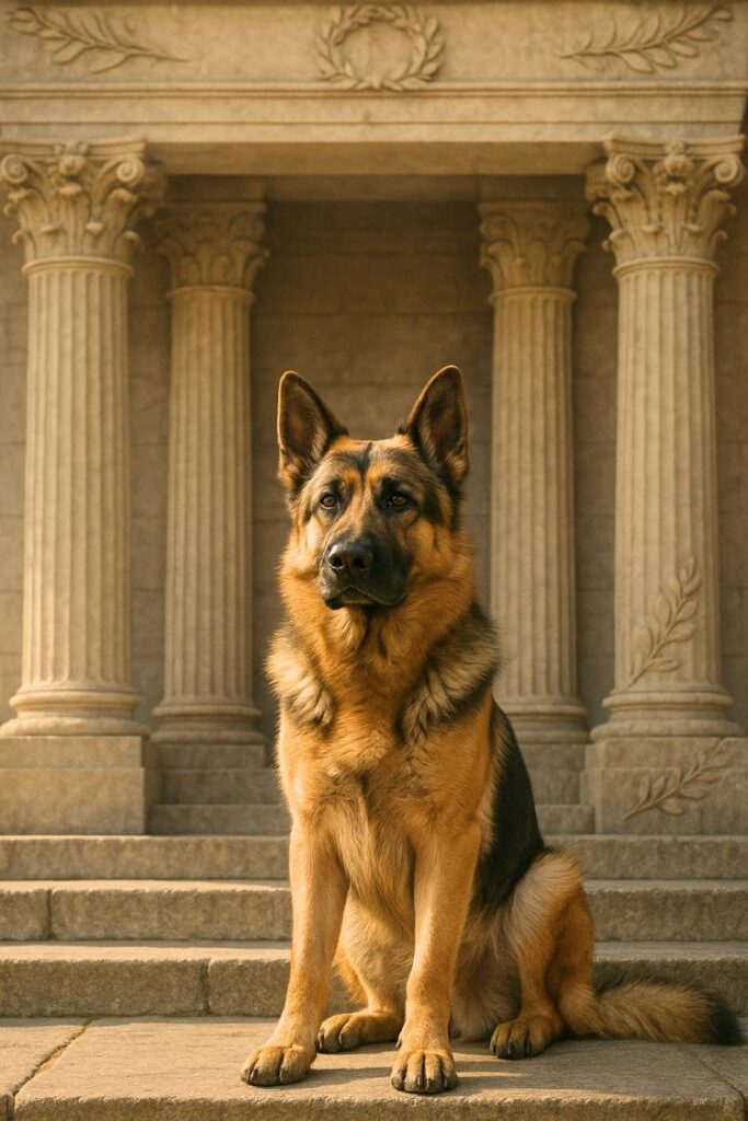 A regal German Shepherd rests on ancient stone steps in front of classical Greek-style columns. The image blends historical elegance with canine strength.