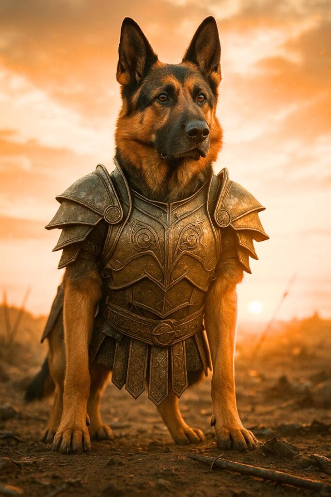 A heroic German Shepherd stands in ancient warrior armor, ready for battle at sunrise—bold, brave, and born to protect.