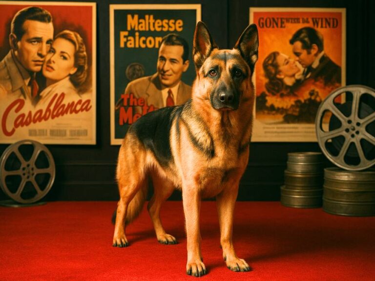 German Shepherd standing on a red carpet with film posters in the background