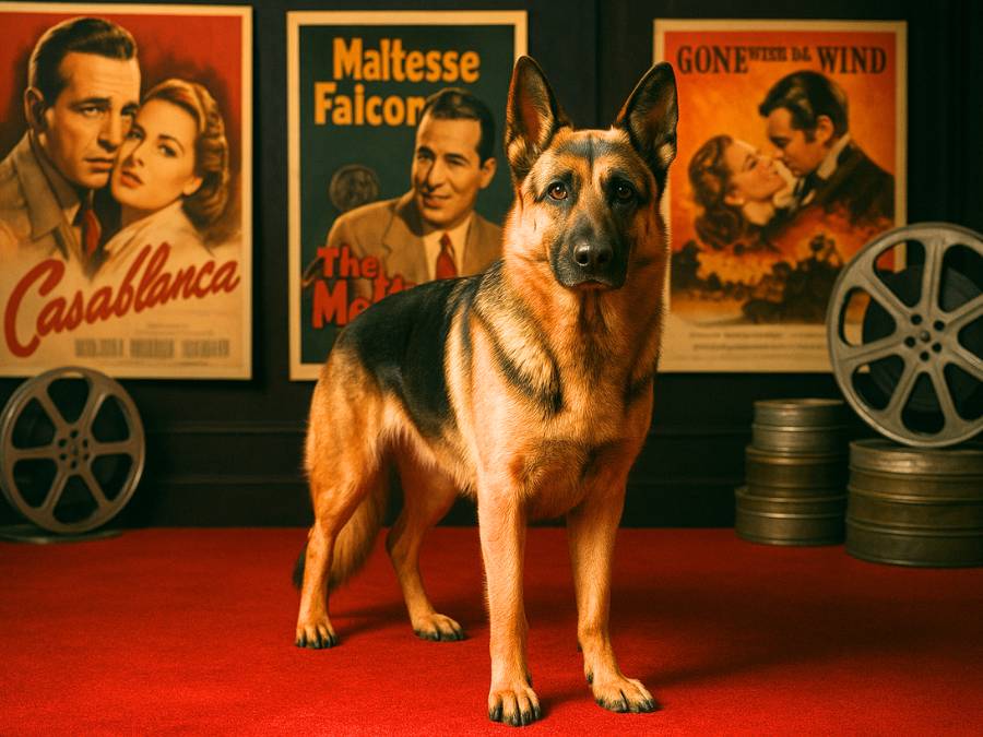 German Shepherd standing on a red carpet with film posters in the background