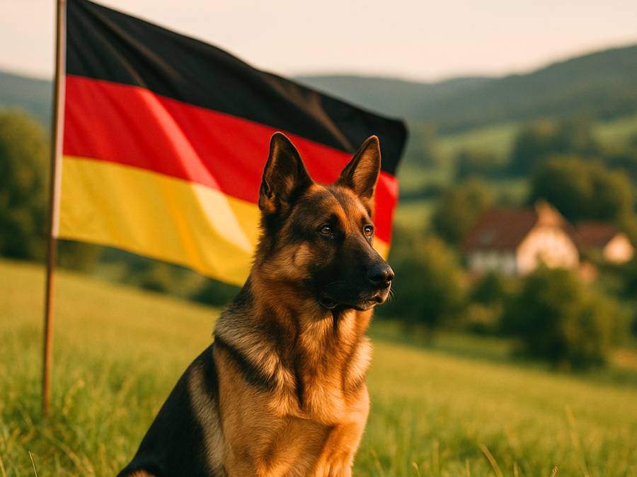 German Shepherd sitting proudly in a grassy field with a German flag waving in the background.