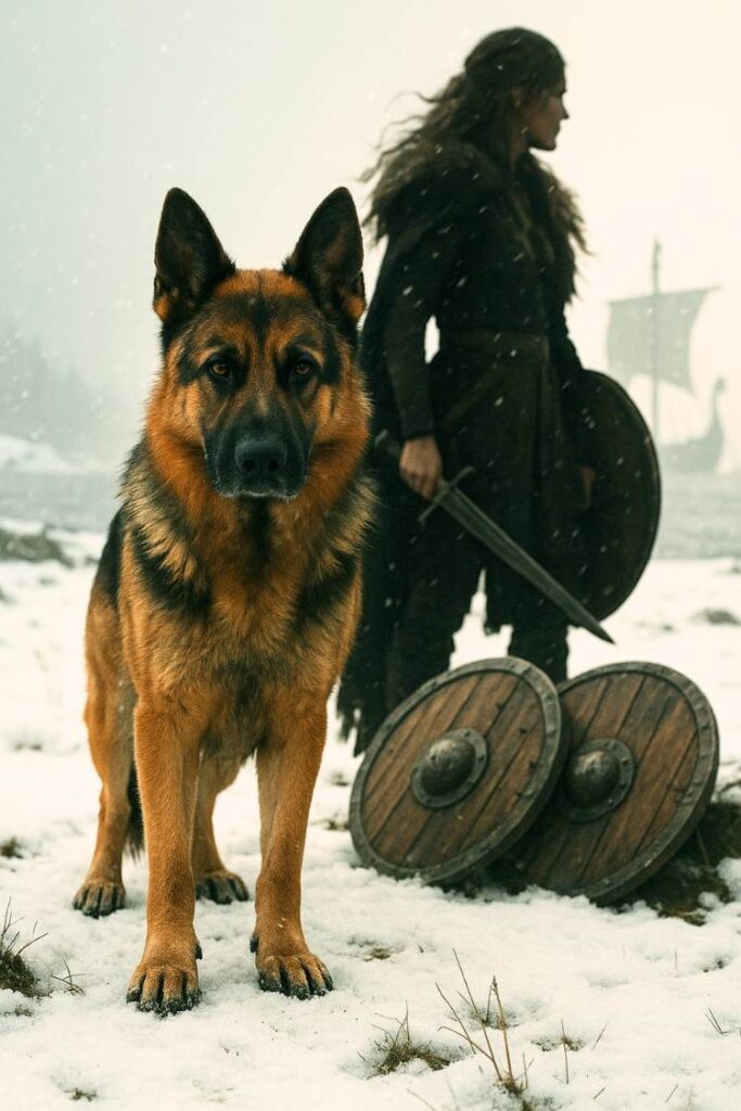 German Shepherd next to a Viking warrior figure, with wooden shields, snow-covered ground, and a longship in the distance.