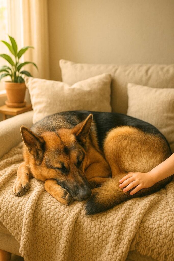A relaxed German Shepherd lies curled on a cozy blanket in a softly lit room, surrounded by pillows and houseplants. The mood is gentle and loving.