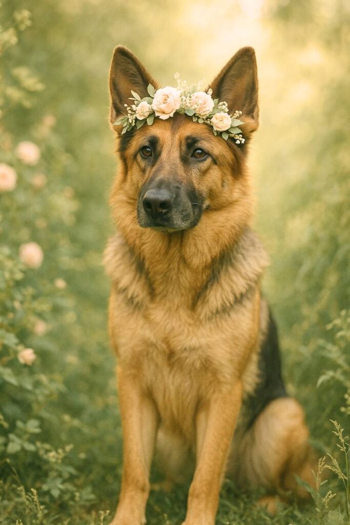Female German Shepherd with a floral wreath, sitting in a peaceful garden.