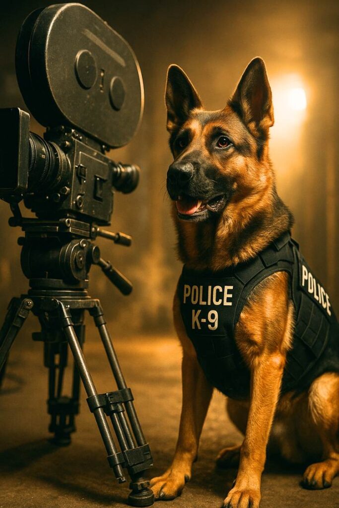 German Shepherd in a police K9 vest standing confidently on a film set