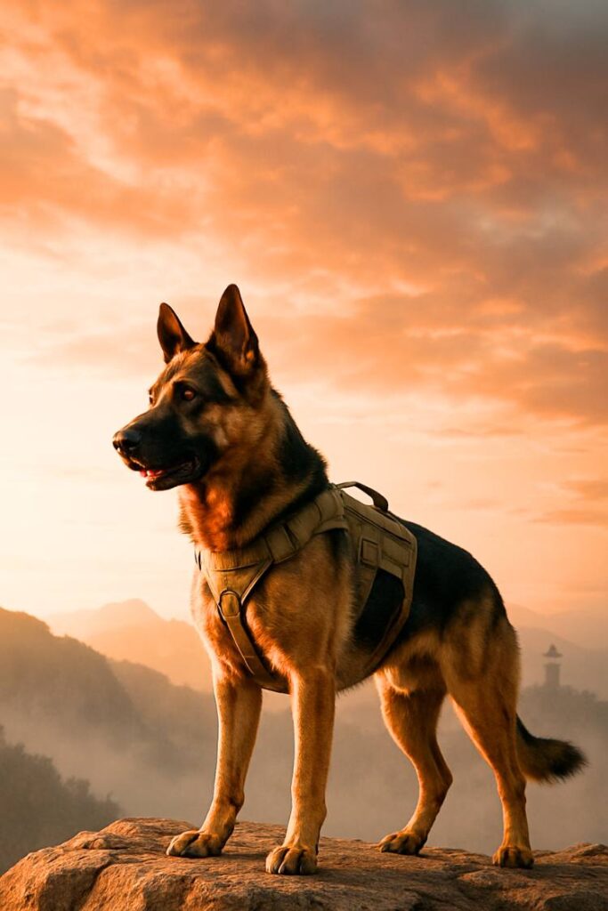 A strong, alert German Shepherd wearing a tactical harness stands on a rocky hilltop at dawn. The scene evokes bravery and protection.