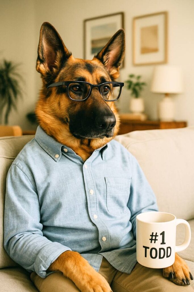 German Shepherd sitting on a couch wearing glasses and a shirt, next to a coffee mug labeled “#1 Todd.”