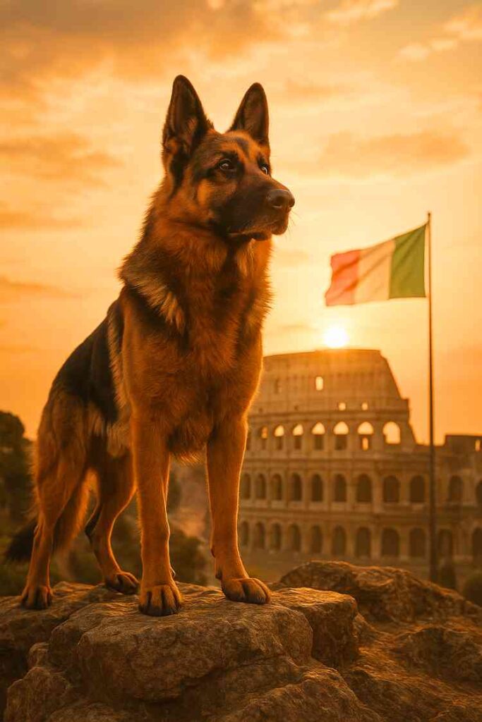 German Shepherd standing confidently on a rocky cliff at sunrise with the Roman Colosseum and Italian flag in the background.