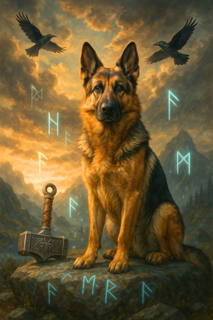 German Shepherd in a fantasy Norse setting with dramatic skies, Mjölnir, and glowing runes around it.