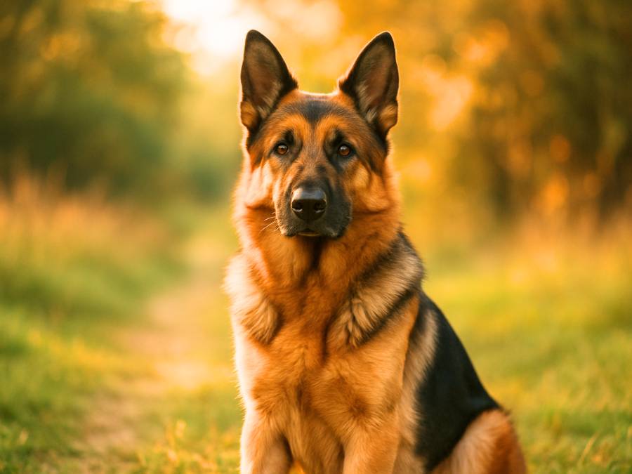 A loyal German Shepherd sits calmly in a golden field at sunset, looking gently toward the camera. The background is softly blurred with warm sunlight.