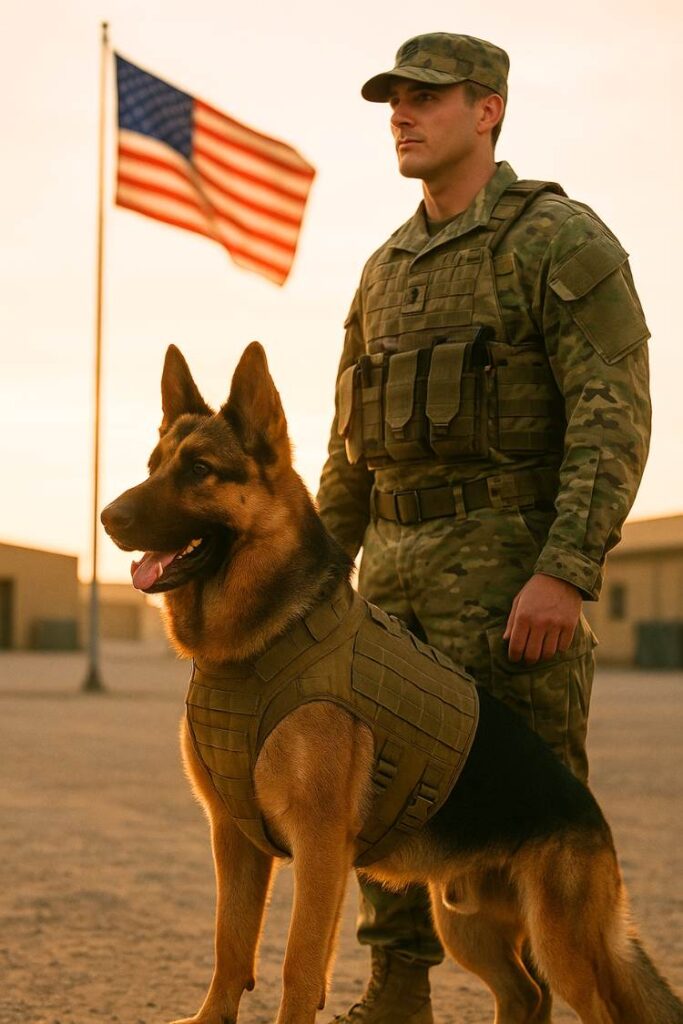 German Shepherd beside a camouflaged soldier at an army base with an American flag in the background.