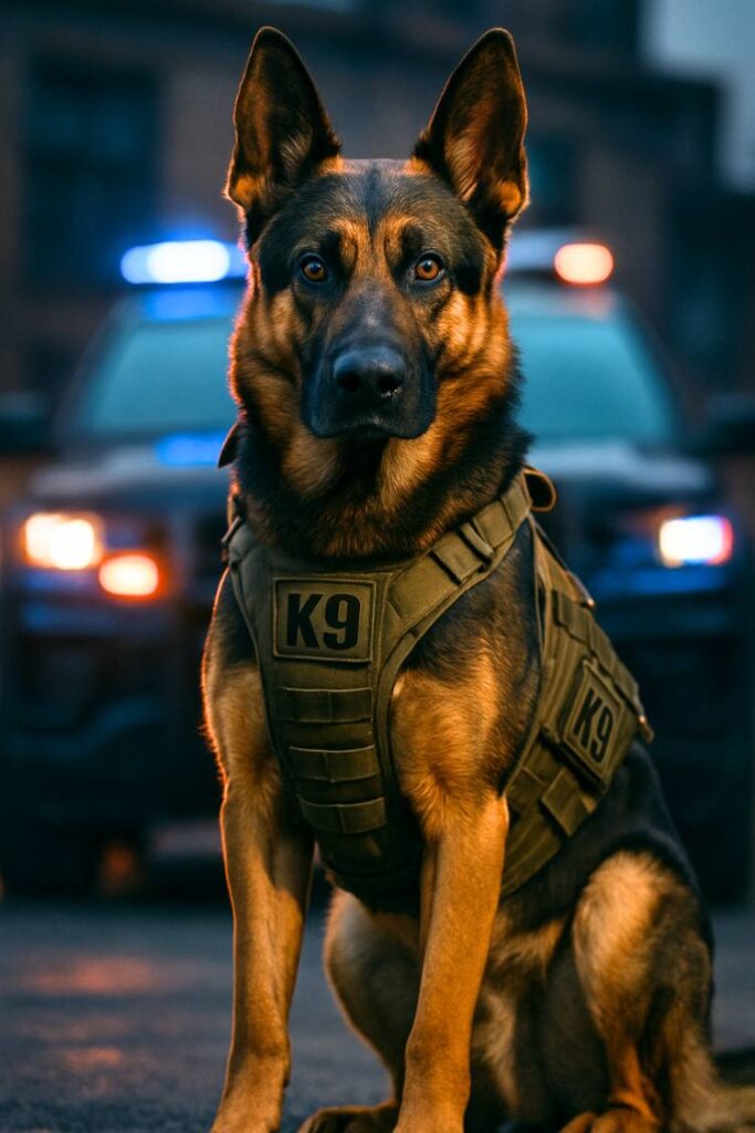 image of a German Shepherd in a black K9 vest sitting in front of a police vehicle, with dramatic lighting and a disciplined, alert expression.
