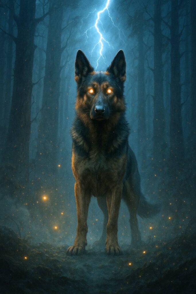 fantasy-style image of a German Shepherd in a glowing, misty forest with light particles and a magical atmosphere—evoking power and mythical energy.