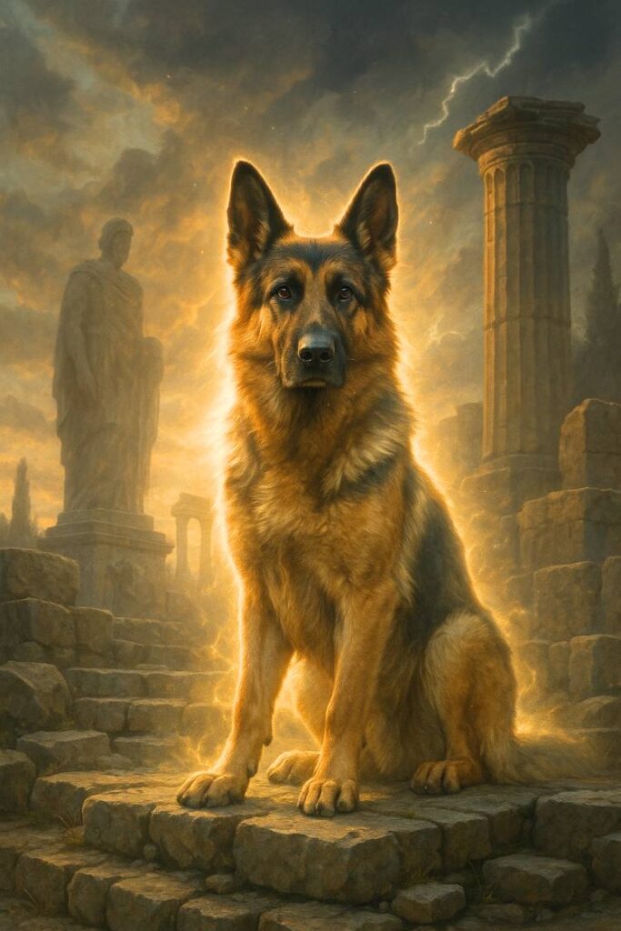 German Shepherd sitting among ancient stone ruins under a dramatic sky, glowing with a mythological presence—symbolizing legendary strength and power.