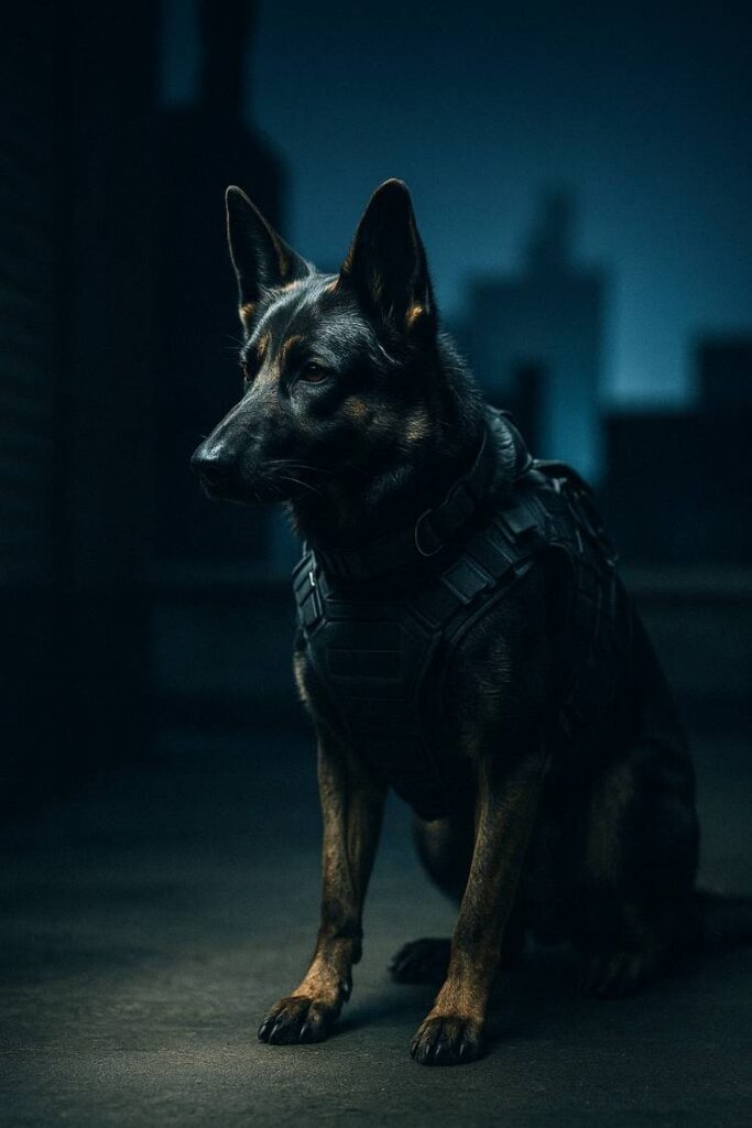 With stealthy precision and eyes on the target, this German Shepherd is ready for its next covert operation.