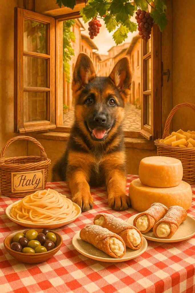 German Shepherd puppy sitting near a rustic Italian table with pasta, cheese, and olives in a cozy kitchen with a countryside window view.