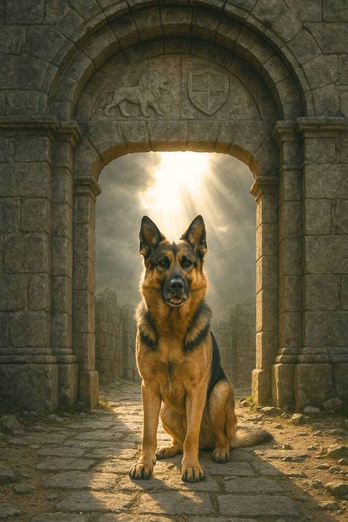German Shepherd standing in front of stone gate with glowing light behind.