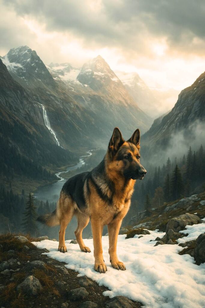 German Shepherd walking in a scenic Nordic forest or snowy mountain landscape with dramatic natural lighting.