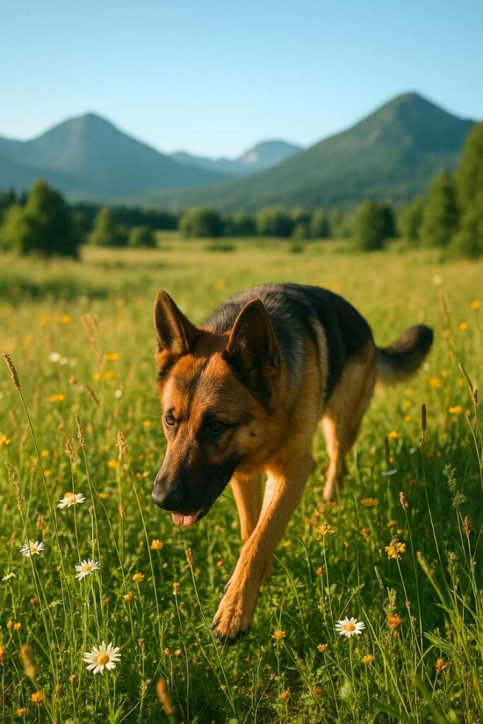 A German Shepherd walking through a wildflower field with mountains in the background.