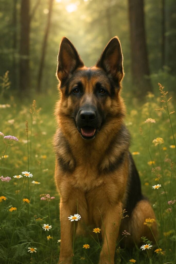 A German Shepherd stands in a wildflower meadow, sunlight filtering through the trees around them.